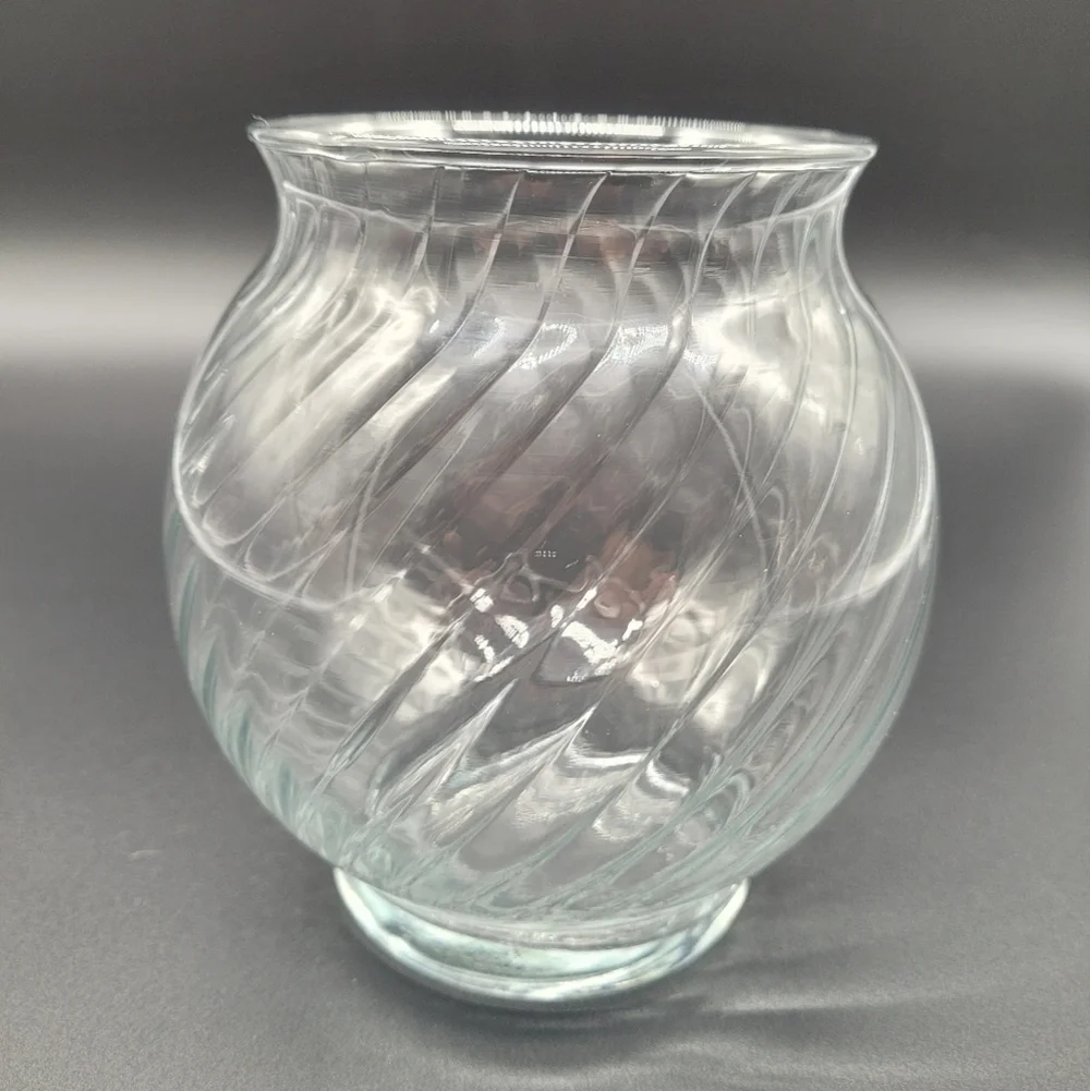 Vintage Indiana Clear Glass Ruffle Top & Ribbed Swirl Clear Glass Rose Bowl Vase